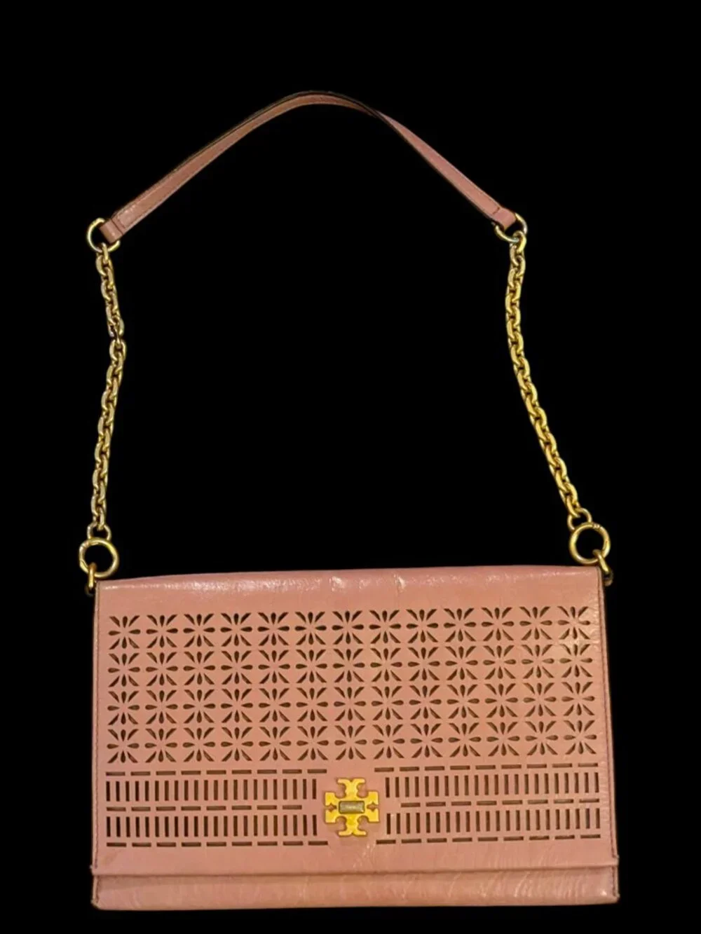 Tory Burch Pink Perforated Open Pattern Shoulder Bag With Gold Hardware